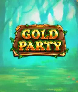 Скриншот слота Gold Party от Pragmatic Play, демонстрирующий радостный и красочный мир ирландской тематики с денежными символами, лепреконами и радужными мотивами. В центре кадра виден игровой экран с 5 барабанами и 3 рядами, окруженный ирландским пейзажем и горшками золота, формирующими атмосферу праздника и волшебства.